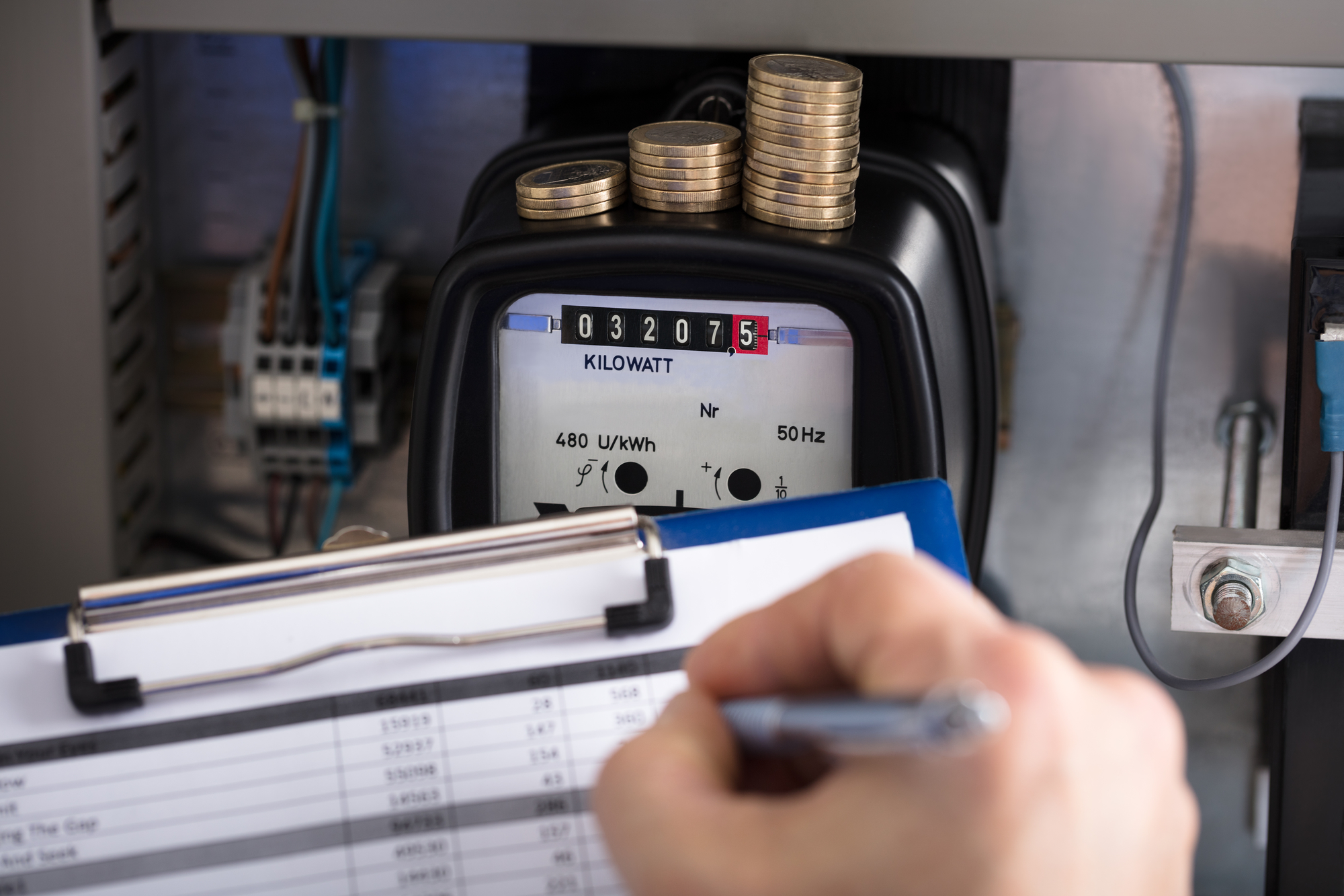 Coins stacked on top of a kilowatt meter inside an electrical panel; a technician writes on a clipboard in the foreground