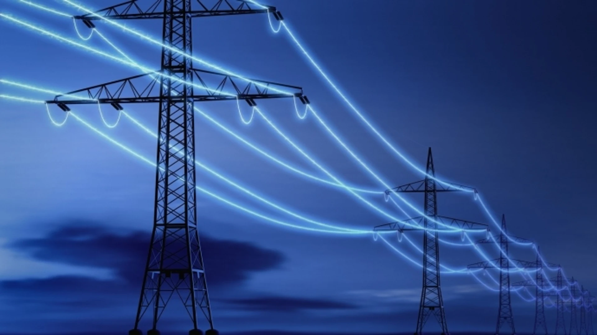 High-voltage power lines with glowing blue cables at dusk, symbolizing electrical transmission.