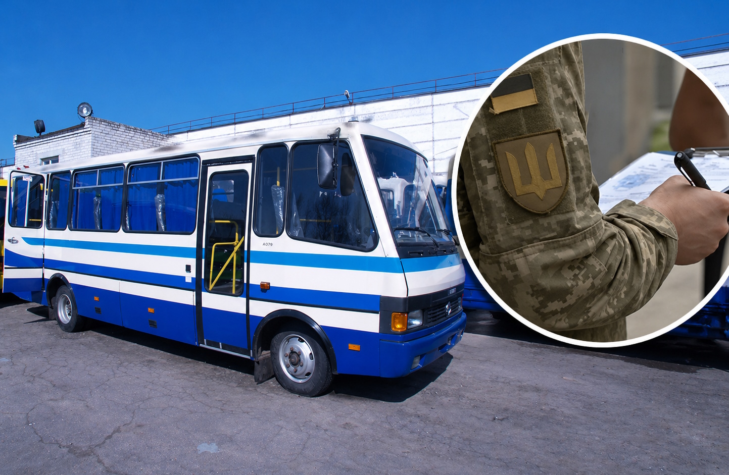 Blue-and-white passenger bus parked on a lot with a circular inset showing a soldier signing papers with a Ukrainian patch on uniform.