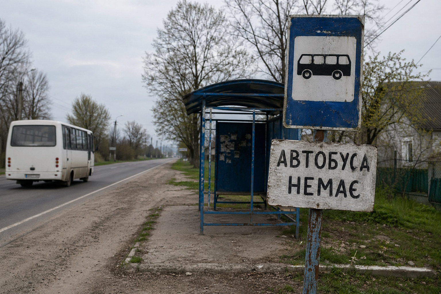 Rural bus stop with a blue shelter and a weathered sign reading 'Автобуса немає' beside a road. A white bus drives past in the distance.