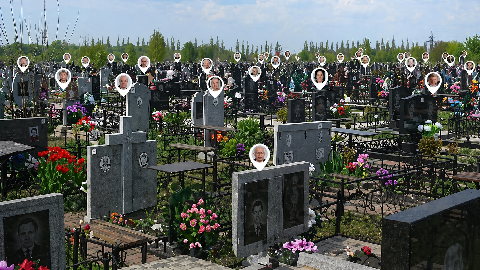 Cemetery filled with hundreds of graves, colorful flowers, and many circular portrait markers above headstones.