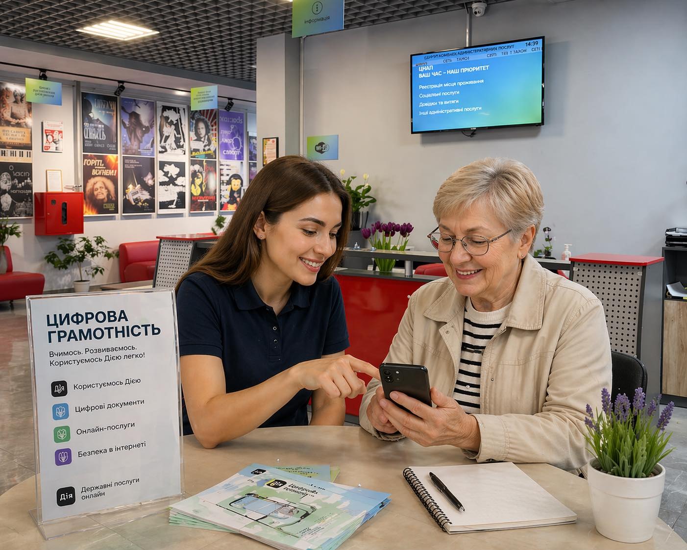 Young woman helps an older woman use a smartphone at a digital literacy help desk.