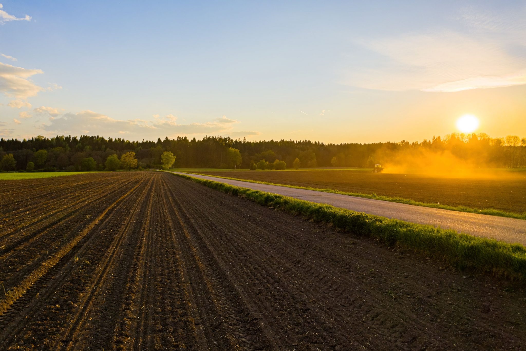 Sunset over a plowed field with a dust plume from a tractor near the horizon and a tree line in the distance