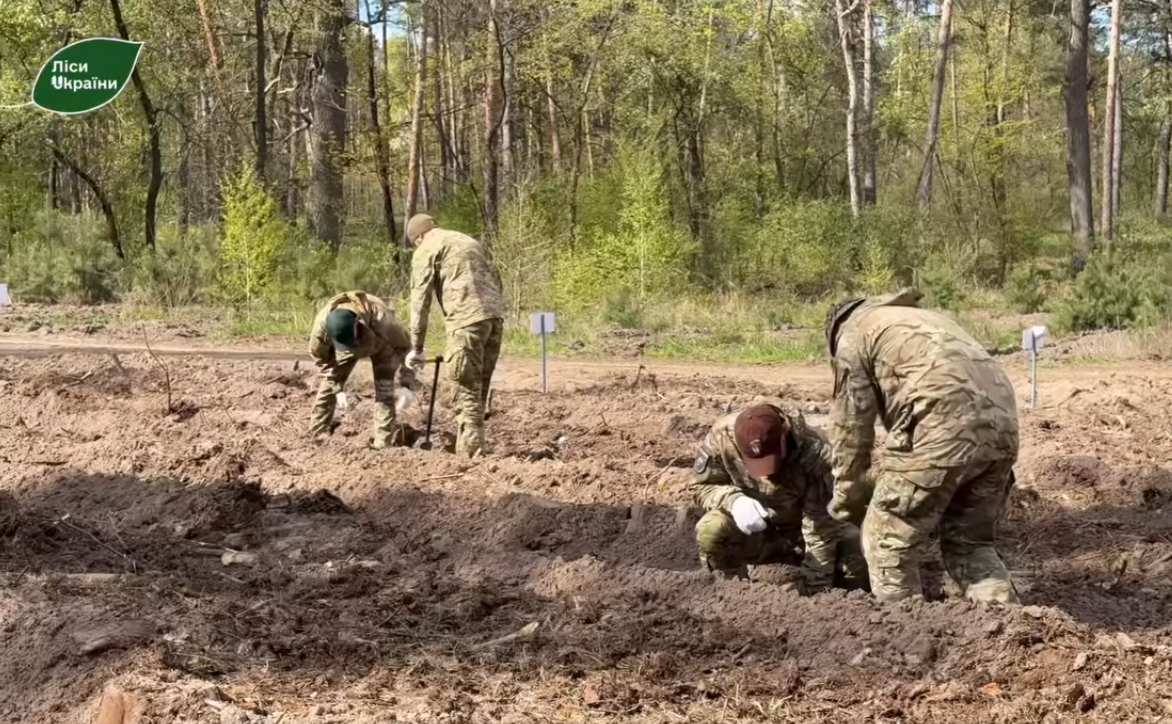 Four soldiers in camouflage dig in a dirt field near a forest, with a green 'Ліс України' logo in the top-left.