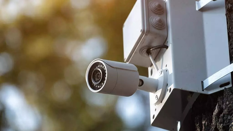 Outdoor surveillance camera mounted on a white metal bracket attached to a tree trunk