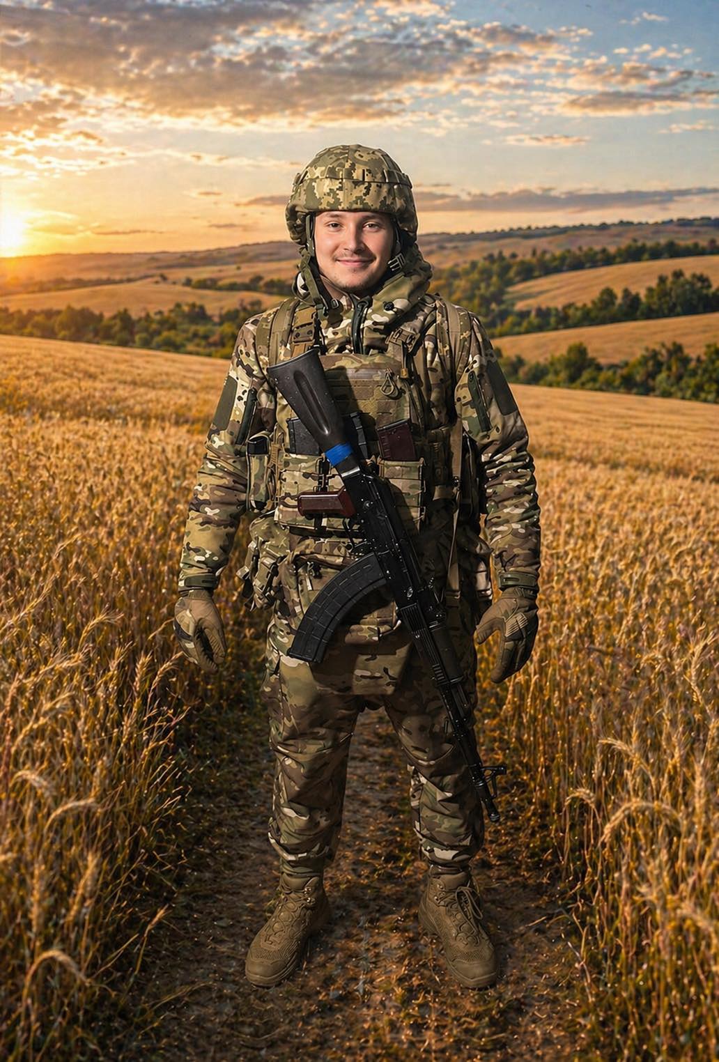 Soldier in full camouflage gear stands in a golden field at sunset, holding a rifle.
