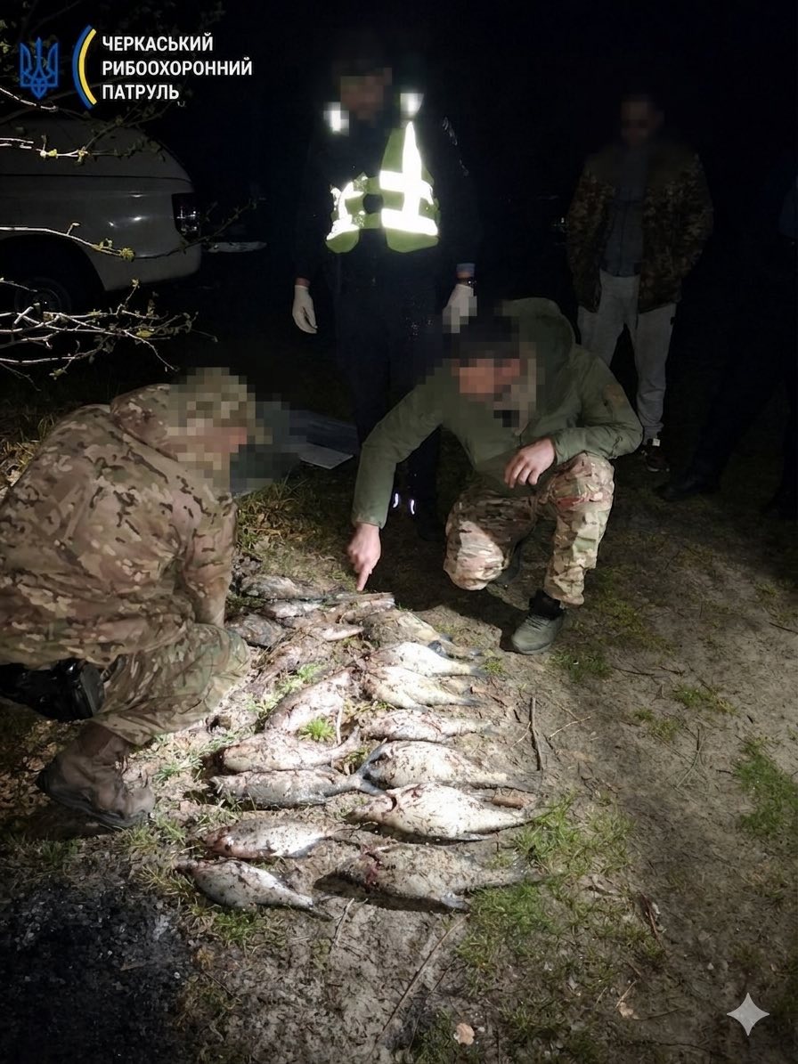 Nighttime scene with two officers examining a line of dead fish on the ground; Cherkasy Fisheries Patrol logo visible in the top left.