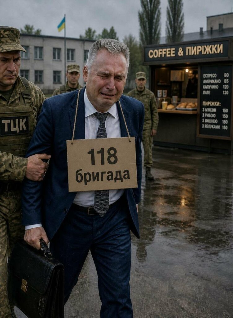 Man in a dark blue suit being led by a soldier, a cardboard sign around his neck reads '118 бригада' in Cyrillic; a coffee kiosk and soldiers are in the background.