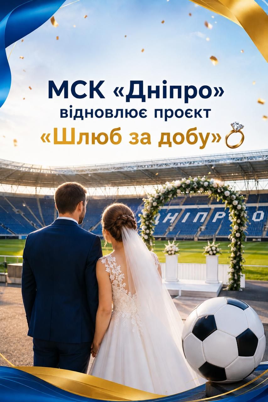 Bride and groom in wedding dress and suit stand hand in hand in a stadium, with a decorative arch and banner about a restoration project 'Wedding for a day' in Ukrainian.