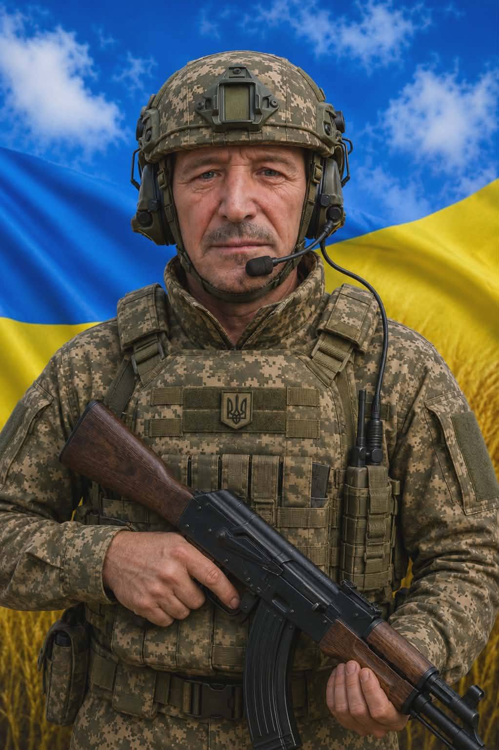 Ukrainian soldier in camouflage gear with helmet and headset, holding a rifle in front of a blue and yellow flag.