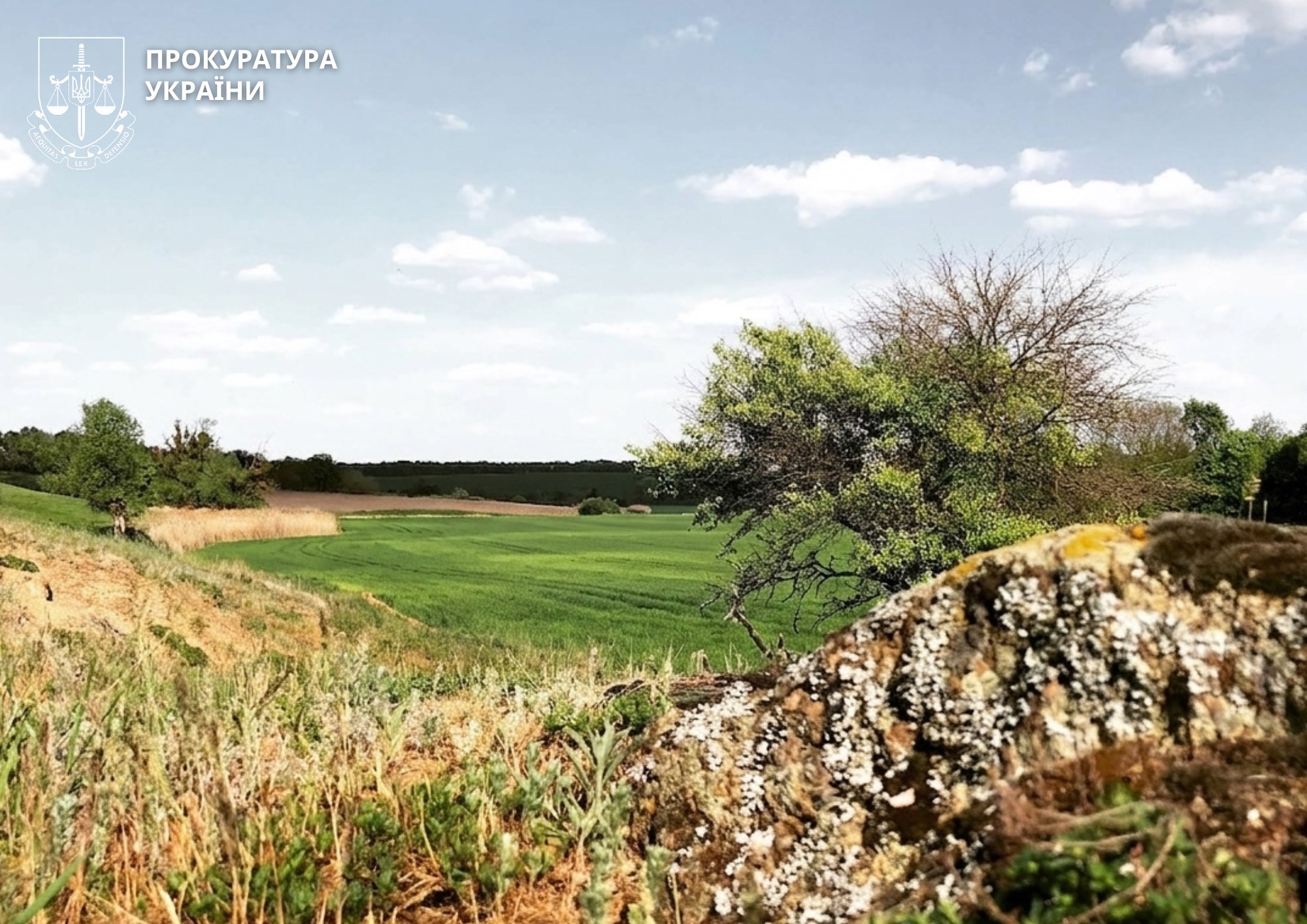 Blue sky over a green field with trees; Ukrainian Prokuratura logo and text in the upper-left corner.