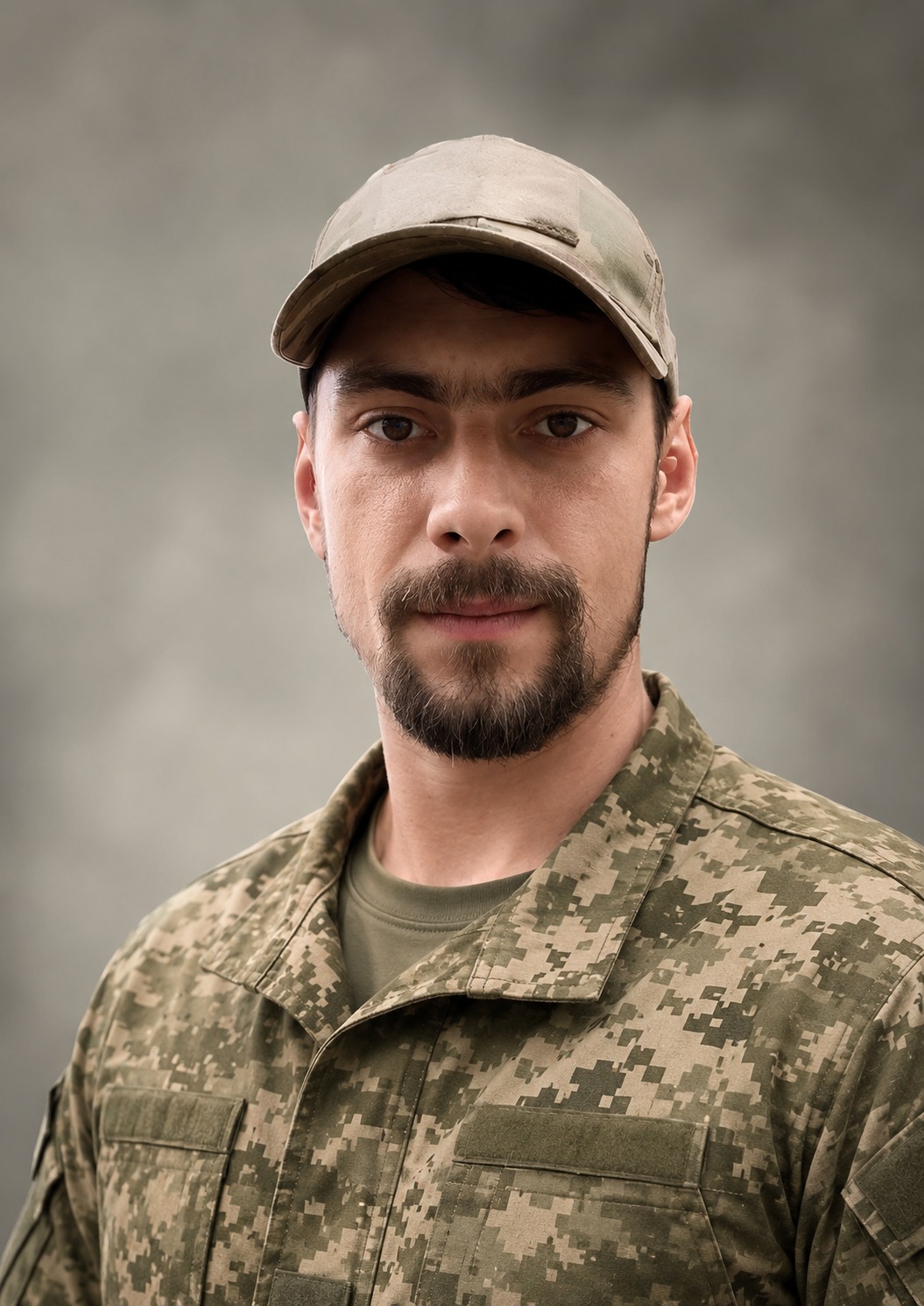 Portrait of a male soldier in camouflage uniform and cap against a neutral background.