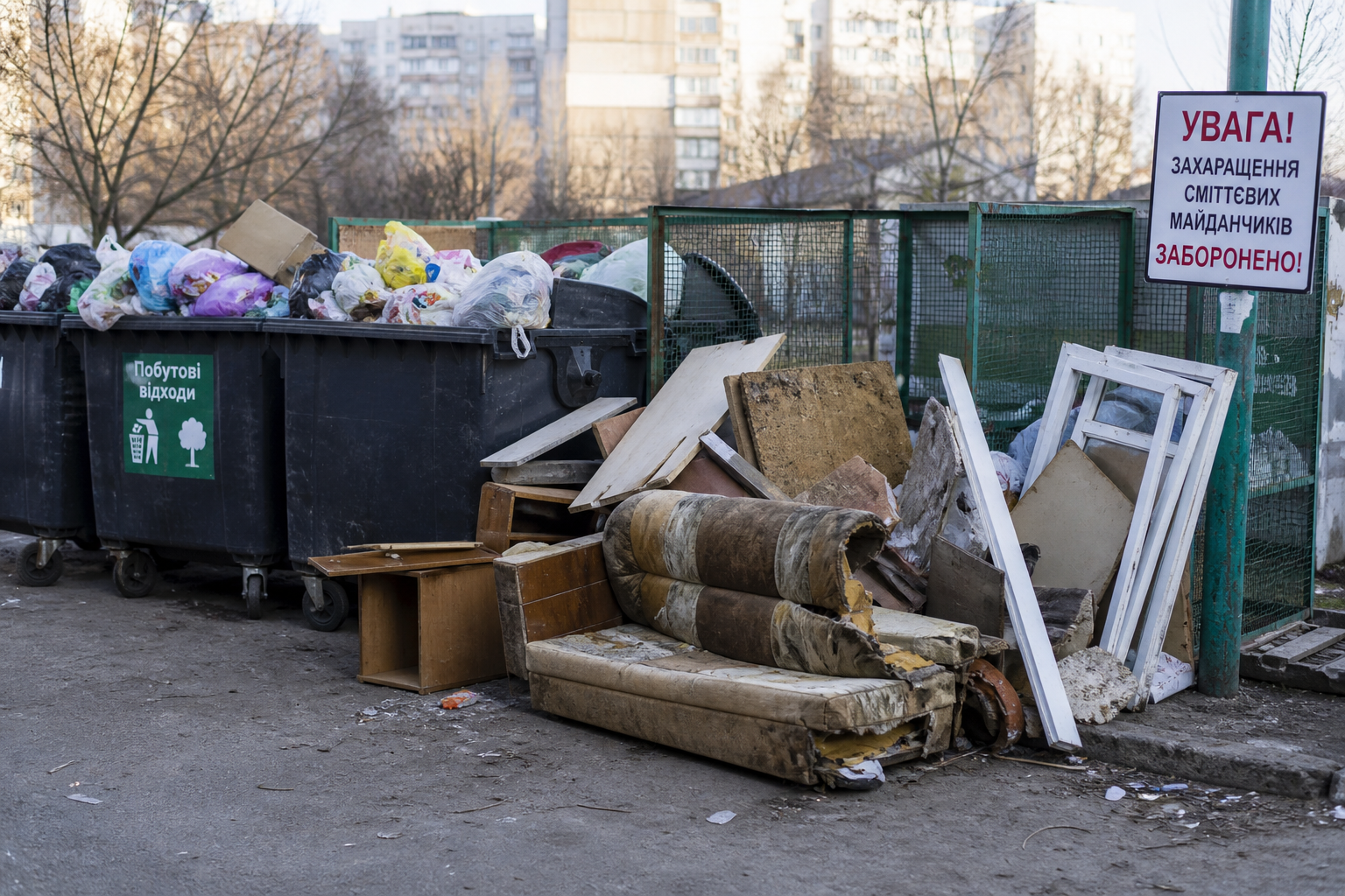 A large black dumpster overflowing with garbage bags and scattered debris in an urban area behind a green fence.