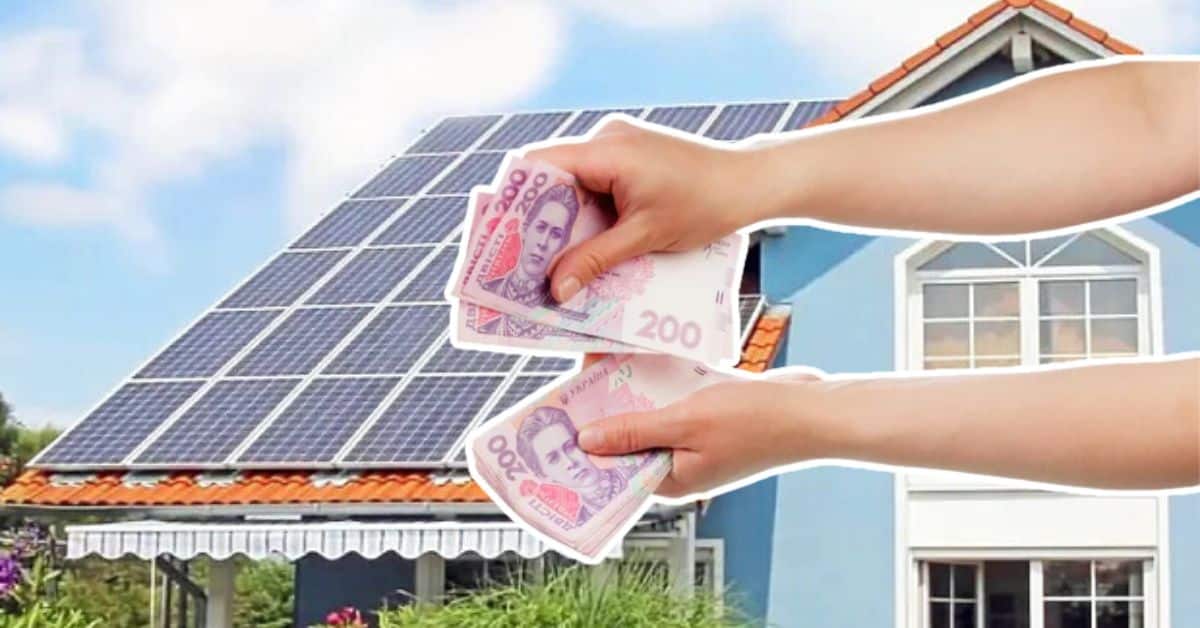Hands exchanging cash in front of a house with a large solar-panel roof, implying a solar investment or payment for eco-friendly energy.