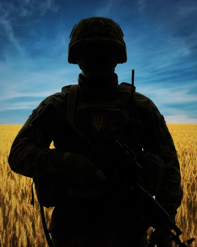 Silhouetted soldier in tactical gear standing in a wheat field with blue sky, Ukrainian emblem on chest plate visible